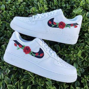 Nike Air Force 1 Red Rose Custom Low Floral White Black Shoes Men Women Kids
